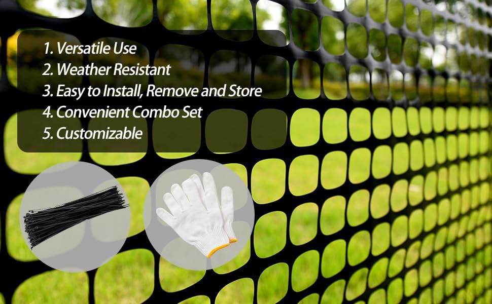 Plastic Mesh Fence Safety Fence, 4'x100' Roll with 100 Zip Ties, Resuable Temporary Netting for Garden Fencing, Construction, Snow Fencing, Animal Barrier, Poultry, Deer, Patio, Black