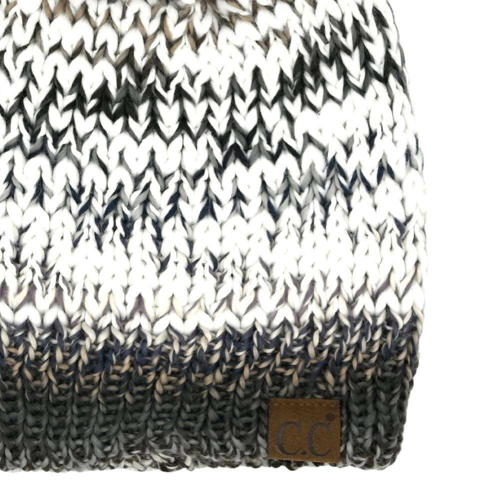 C.C Multi Color Yarn Beanie with Pom for Women Unisex - Acrylic Stretchable Soft Warm with Pom Knit Winter Skully Hat (Black/Grey Mix)