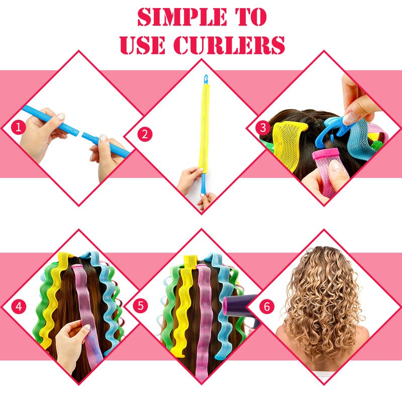 30 Pieces Heatless Waves Curlers Spiral Curls Styling Kit No Heat Hair Waver Spiral Curlers Rollers with 2 Pieces Styling Hooks for Most Hairstyles (45 cm)