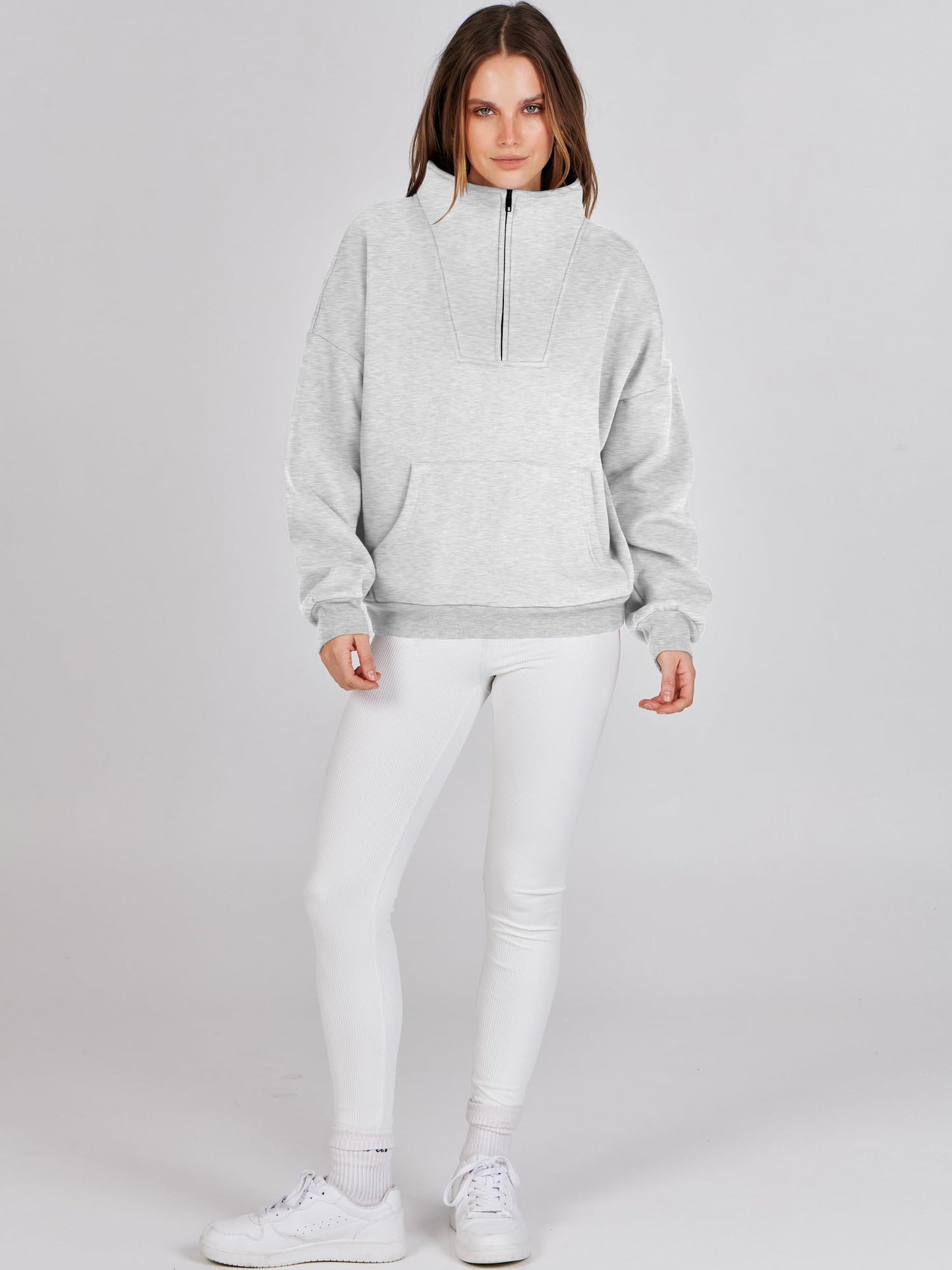 ANRABESS Womens Half Zip Sweatshirts Oversized Crop Pullover 2024 Winter Y2K Fleece Hoodie Sweater Teen Girls Fall Clothes Light Gray Large