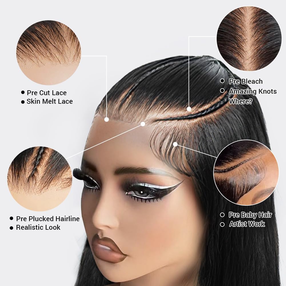 250% Density 9x6 HD Straight Lace Front Human Hair Wig - Pre-Plucked, Pre-Cut, Braided for Black Women - Glueless Wear and Go