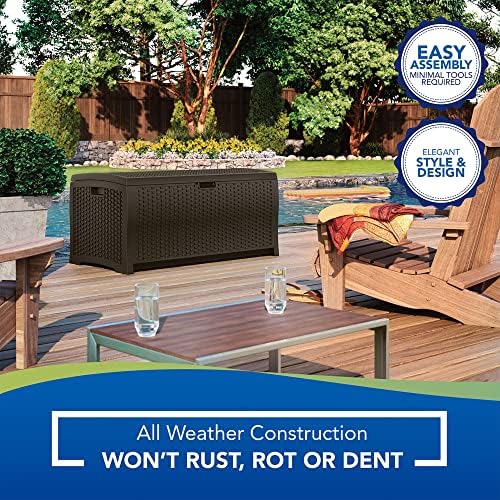 Suncast 73-Gallon Medium Deck Box - Lightweight Resin Indoor/Outdoor Storage Container and Seat for Patio Cushions and Gardening Tools - Store Items on Garage, Yard - Mocha Brown