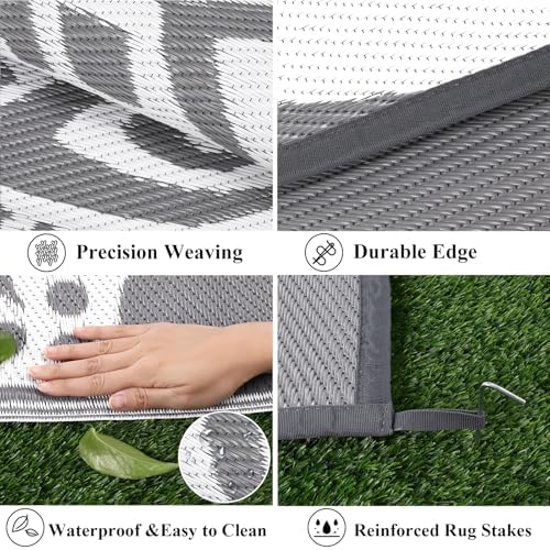 Bsmathom Waterproof Outdoor Rug 6'x9' Reversible Boho Plastic Straw Patio Deck Camping Rugs, Indoor Outdoor Portable RV Mat Clearance Carpet for Outside, Porch, Balcony, Backyard, Beach, Pool,Grey