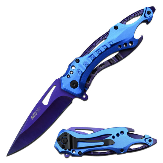 MTech USA – Folding Knife – Fine Edge Purple TiNite Coated Stainless Steel Blade, Blue Aluminum Handle, Pocket Clip, EDC - MT-A705PBL