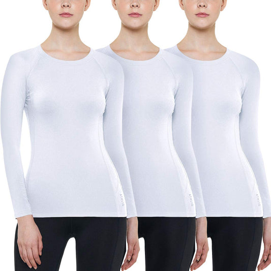 ATHLIO Women's Thermal Long Sleeve Tops, Winter Fleece Lined Crew Neck Shirts, Lightweight Compression Base Layer, 3pack Shirts White/White/White, Large
