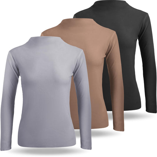 Geyoga 3 Pcs Women Mock Turtleneck Long Sleeve Shirts Neck Slim Fit Traceless Tops Winter Thermal Underwear Fleece Lined Top(Black, Grey, Coffee,L)