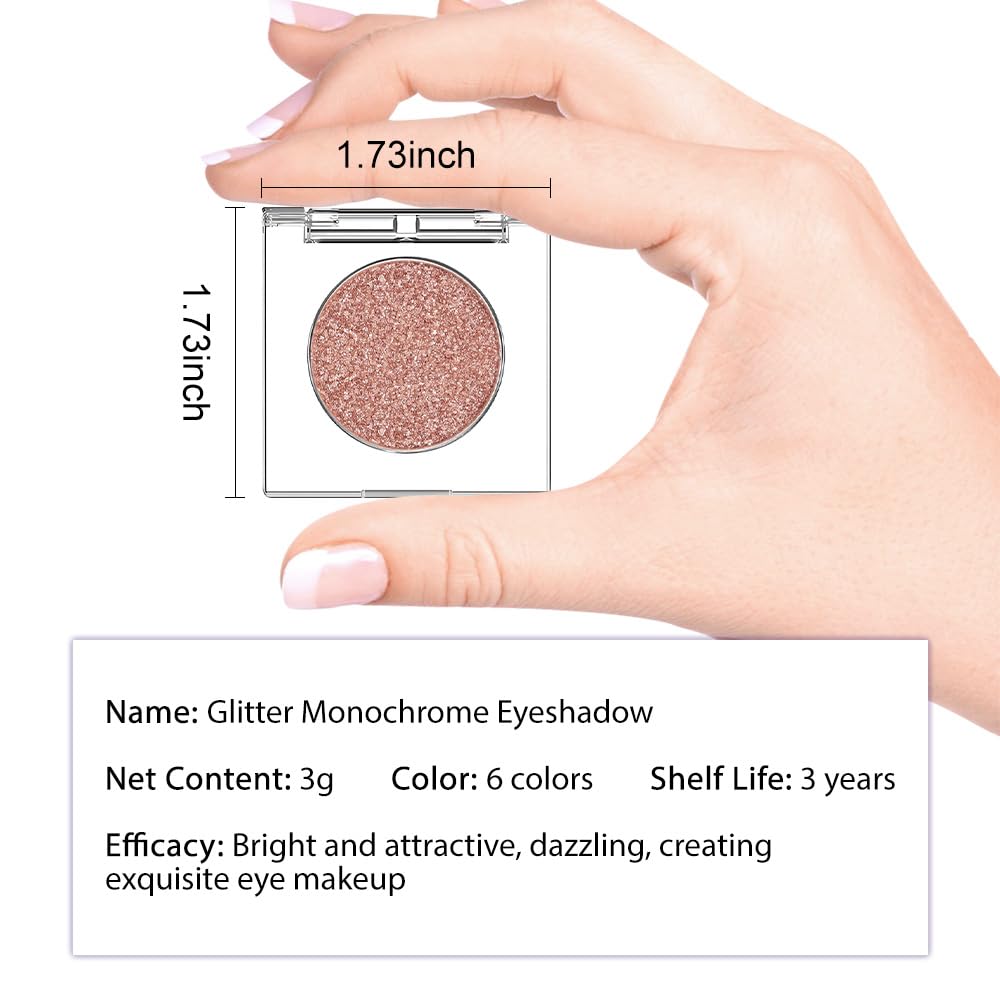Single Rose Gold Brown Glitter Shimmer Eyeshadow,Bright High Pigment Intense Monochrome Eye Shadow,Buildable Sparkly Eye Glitter Shimmer Finish,24 Hour Eye Makeup Longwear Waterproof,Blendable