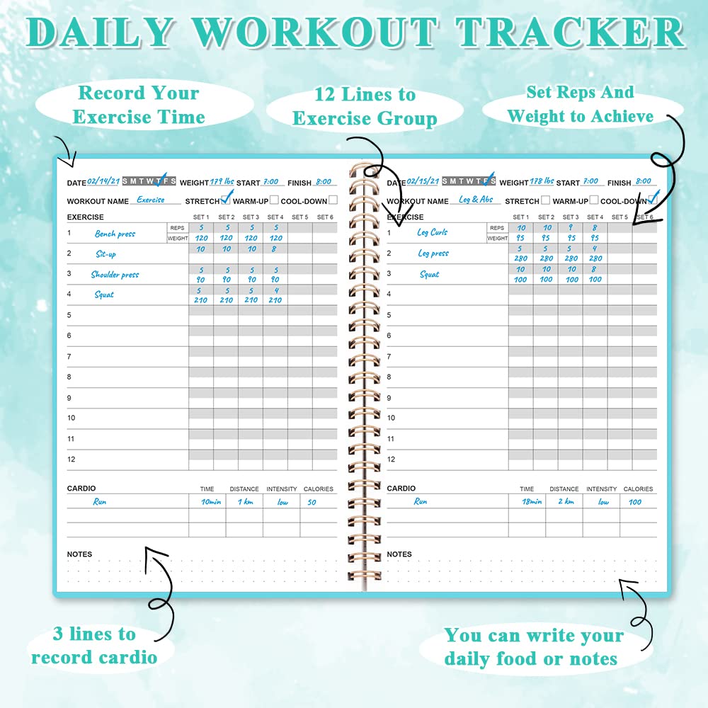 Workout Log for Women & Men - A5 Fitness Planner/Journal to Track Weight Loss, Workout Journal for GYM, Bodybuilding Progress - Daily Health & Wellness Tracker, Teal