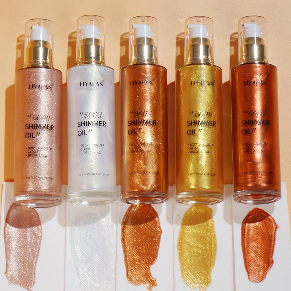 Liyalan Shimmer Body Oil Pearl White 5 Color Bronze Face Brighten Glow Highlighter Illuminator Body Makeup Shine Glitter Gold Liquid Taning (2.8 Fl Oz)