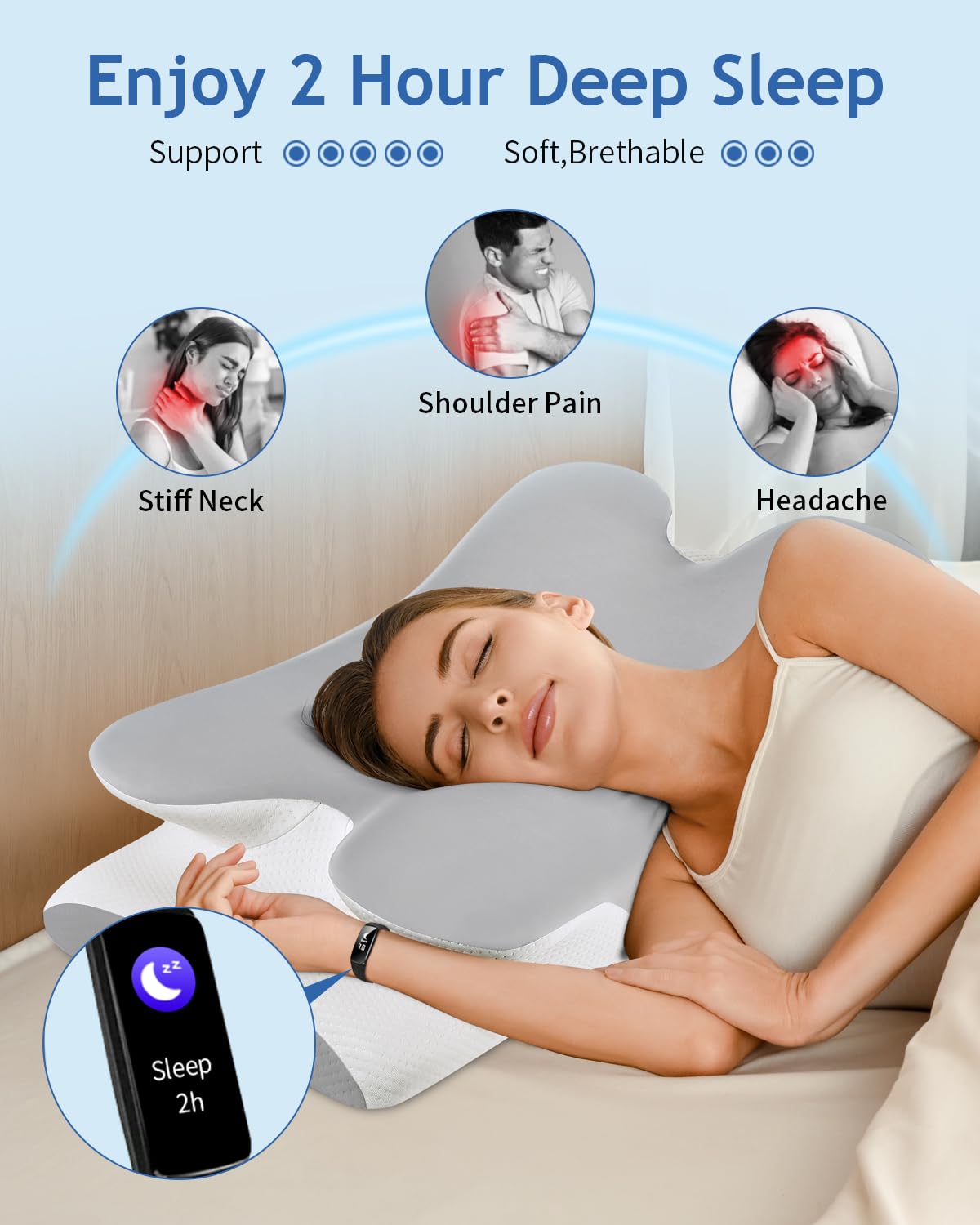 Tujami Cervical Neck Pillow for Neck Shoulder Pain Relief, Soft Contour Side Sleeper Pillow of 2 Heights, Odorless Cooling Memory Foam Orthopedic Bed Pillow for Back Stomach Sleeper