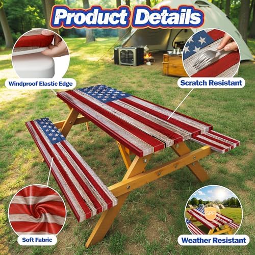 Picnic Table Cover with Bench Covers American Flag Waterproof Windproof Fitted Outdoor Tablecloth with Elastic Rectangle Table Cloth Camping Accessories,72x30 Inch