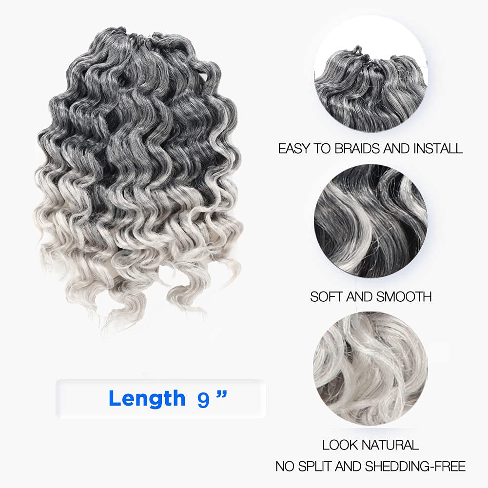 ToyoTree Ocean Wave Crochet Hair - 9 Inch 8 Packs Ombre Gray Short Curly Deep Wave Crochet Hair, Synthetic Ocean Wave Braiding Hair Extensions (9 Inch,T-Gray-8P)