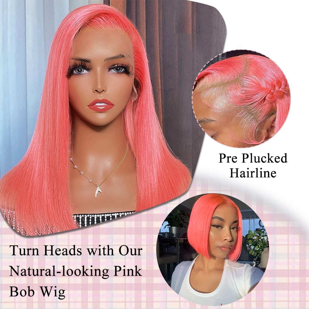 MUGOHK Pink Bob Wig Human Hair 14 Inch 13x4 Cotton Candy Pink Straight HD Lace Frontal Wig Human Hair Pre Plucked with Baby Hair Bubblegum Pink Lace Closure Human Hair Wig 150 Density for Women