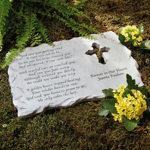 Let's Make Memories Personalized Cross Memorial Stone - Sympathy Condolences - Grave Marker - Durable Indoor/Outdoor Resin Garden Stone - Laser Engraved Verse + Custom Message - Cross Cutout