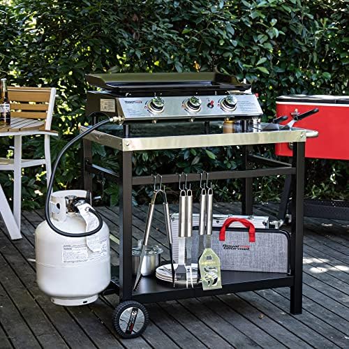 Royal Gourmet Dining Cart Table with Double-Shelf, Movable Stainless Steel Flattop Grill Cart, Hooks, Side Handle, Multifunctional PC3401S (Silver)