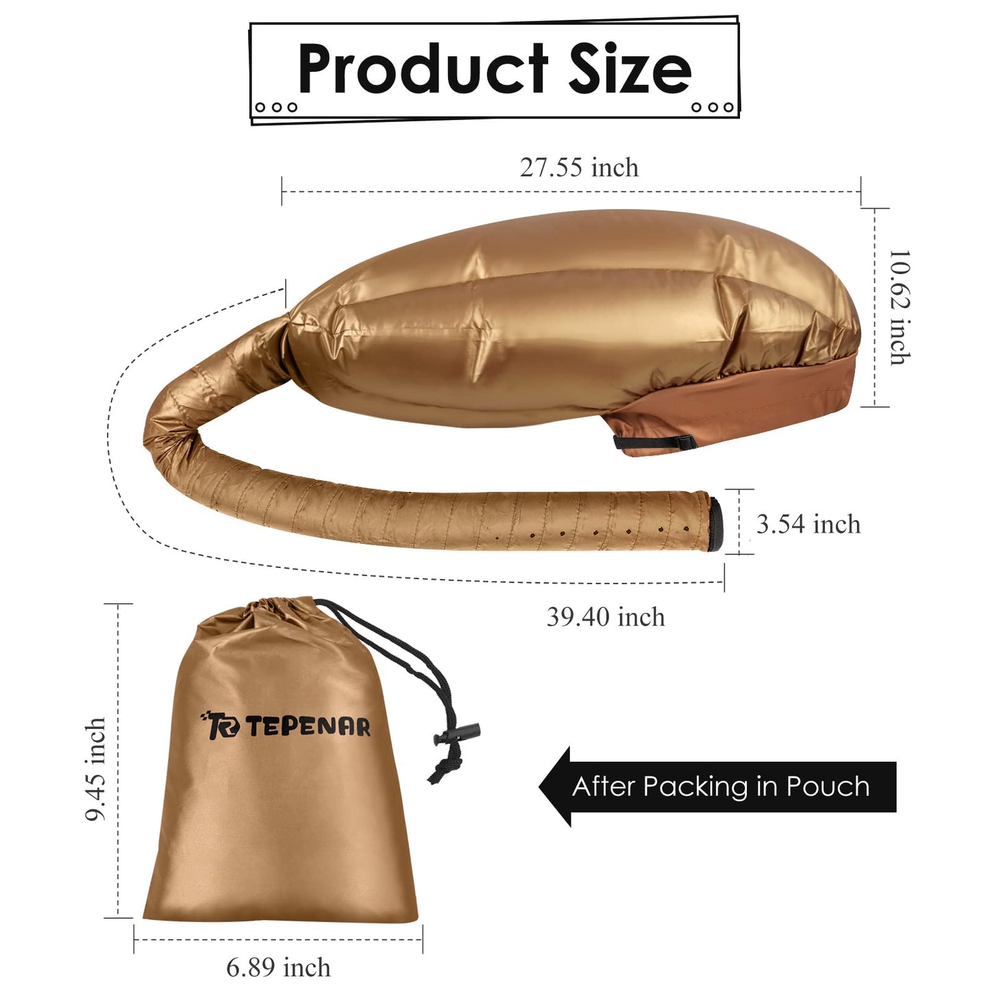 TEPENAR Bonnet Hair Dryer Attachment: Upgraded Extra Large Adjustable Hair Dryer Cap - Easy to Use for Natural Curly Textured Hair Care Styling Fast Drying - Gold