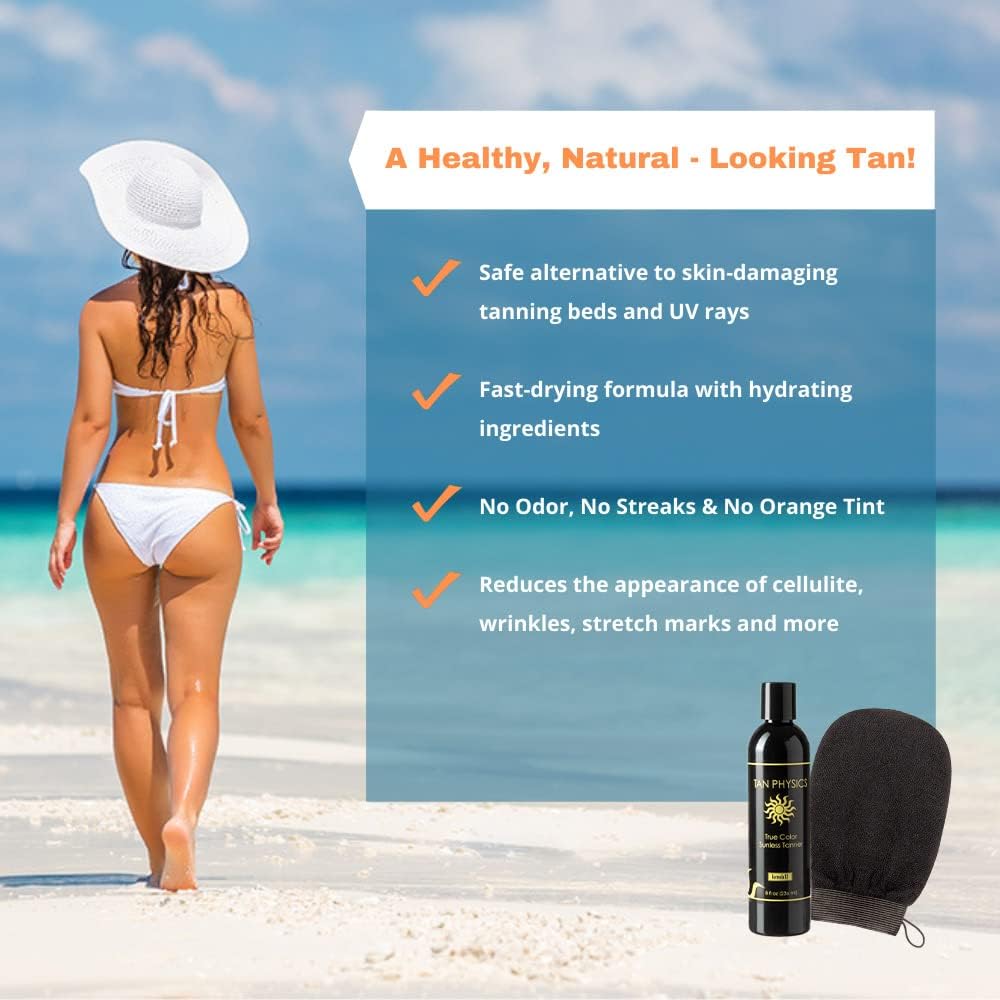 Tan Physics Sunless Tanner 8oz with Exfoliation Mitt– Self Tanning Lotion – Instant Tanning Lotion for Face & Body – Natural Self Tanner for a Streak-Free, Long-Lasting Glow