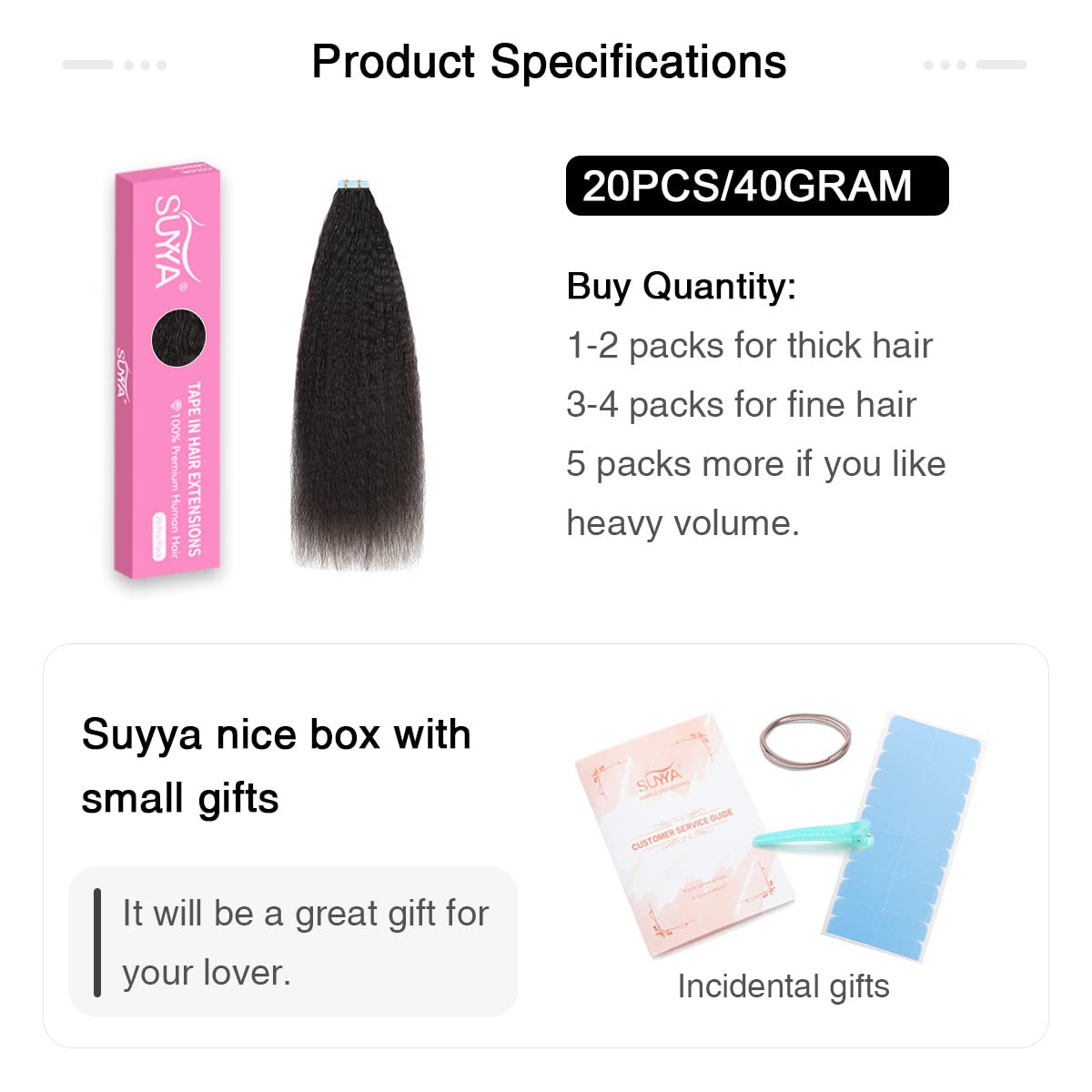 SUYYA Tape in Hair Extensions Human Hair Kinky Straight Tape in Extensions Natural Black 14 Inch Skin Weft 40g/Pack 20PCS Tape INS for Women (#1B Natural Black)