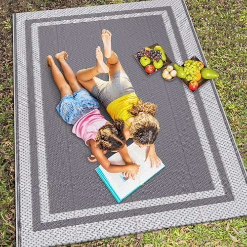 HappyTrends Outdoor Rug Reversible Portable Plastic Straw Camping Rugs for Outside RV,Large Waterproof Outdoor Area Rugs for Patio,Deck,Porch,Balcony(5'x 8',White&Gray)