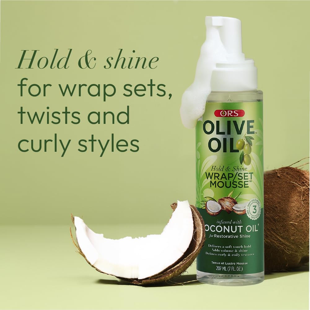 ORS Olive Oil Hold & Shine Wrap Set Mousse Infused with Coconut Oil for Restorative Shine 7 Ounce (Pack of 4)