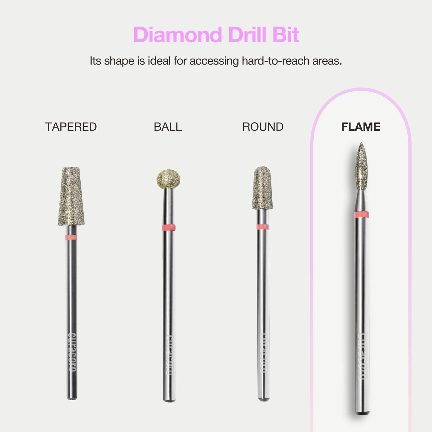 Curacoro Cuticle Nail Drill Bit 3/32'' - 2.1mm Flame Shape Diamond Bit (Coarse) for Professional Finish, Refine & Smooth Acrylic or Gel Nails, Nail Art Pedicure Manicure Salon & Home