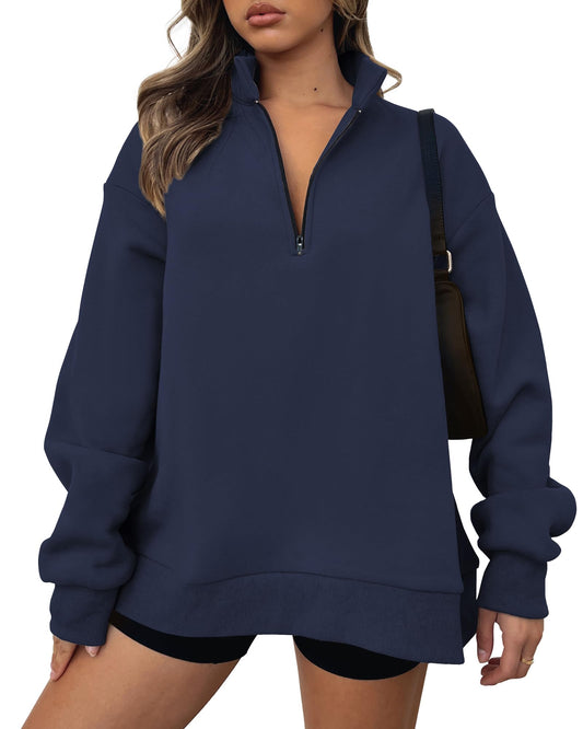 BTFBM Women's Quarter Zip Sweatshirt 2024 Fall Spring Oversized Casual Long Sleeve Workout Pullover Y2K Clothes(Solid Navy, Large)