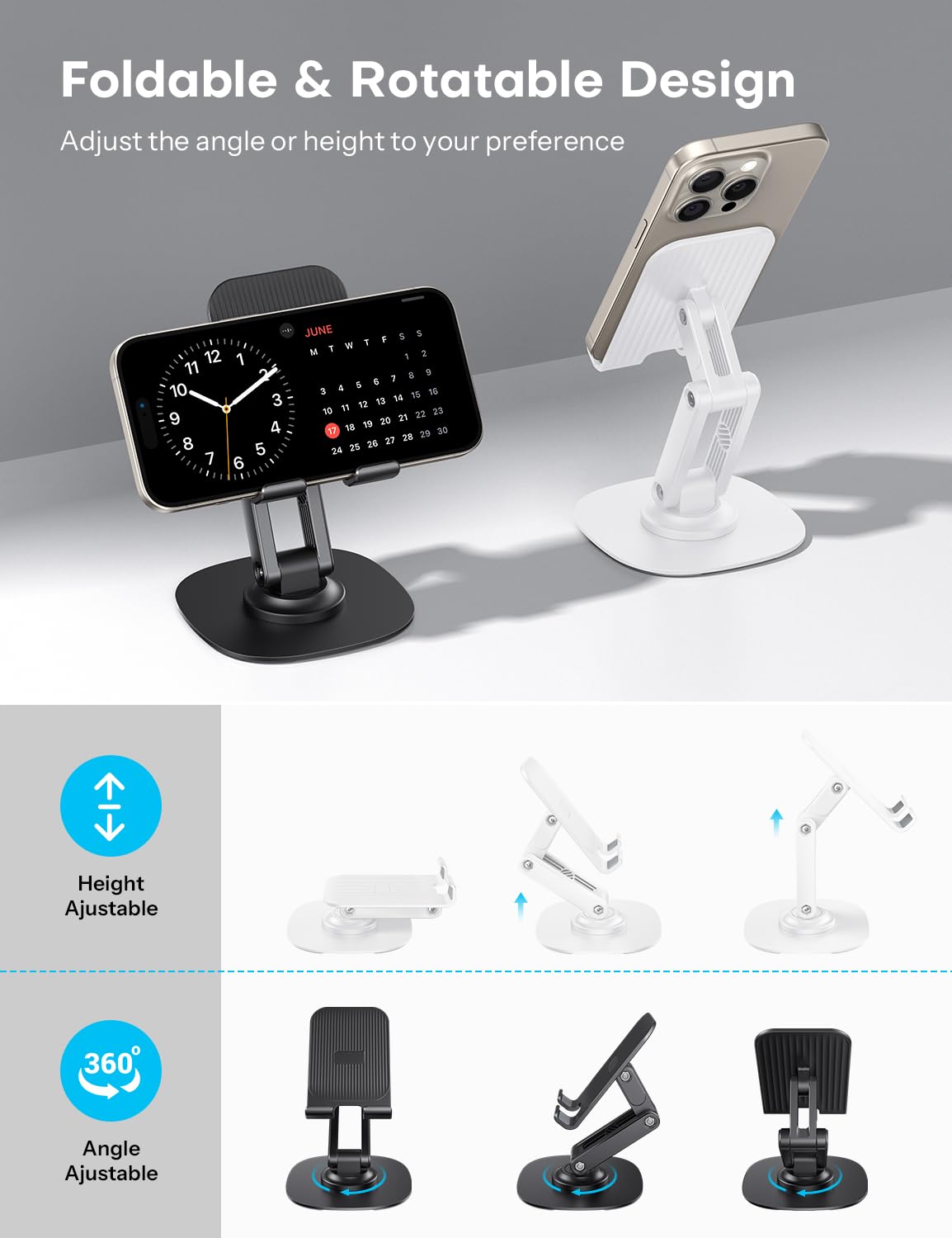 OMOTON Cell Phone Stand for Desk, 2 Pack Adjustable Foldable Phone Holder, 360 Swivel Mobile Stand Fit for iPhone 16 15 14 13 12 Pro Max and All Smart Phones, Black & White