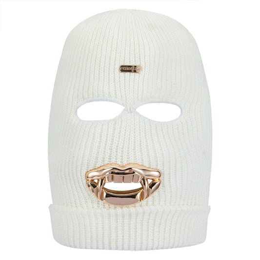 3 Hole Knitted Ski Mask Beanie - Full Face Winter Warm Balaclava with Fangs Design for Men & Women White