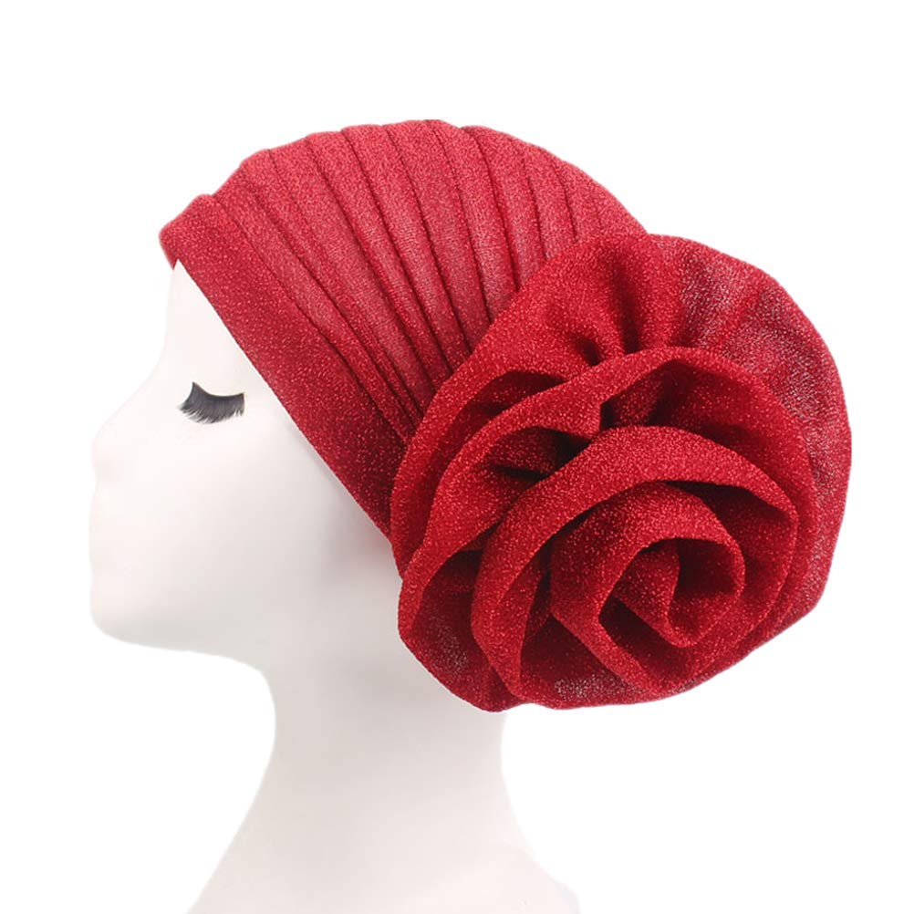 Fxhixiy Women Elastic Glitter Big Flower Turban Beanie Head wrap Hair Loss Chemo Cap Hat (Red)