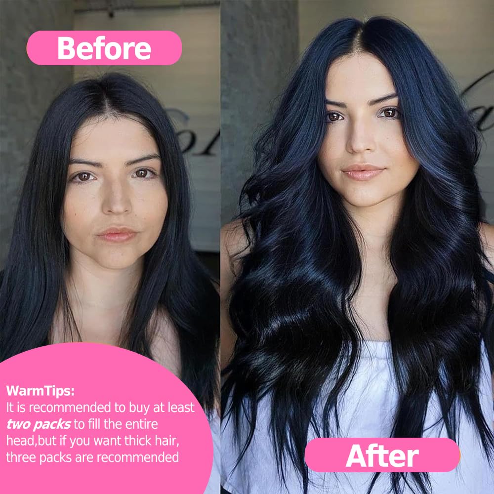 Injected Clip in Hair Extensions Real Human Hair Invisible Hand-Tied Weft Hair Extensions Clip in Human Hair Straight Seamless Clip ins for Women 8Pcs 120g 16inch #1B Natural Black