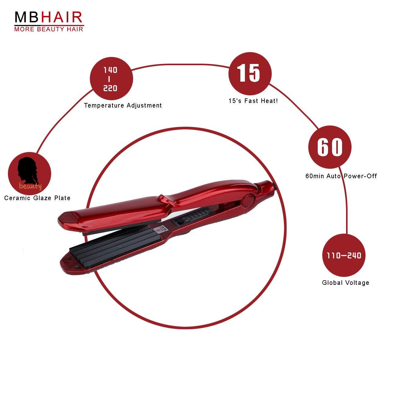 MBHAIR Ceramic Crimper Iron for Fluffy Hairstyle Curling Iron, Corrugation Crimper Hair Irons, Anti Static Ceramic Hair Crimping Iron Adjust Temperature (Red)