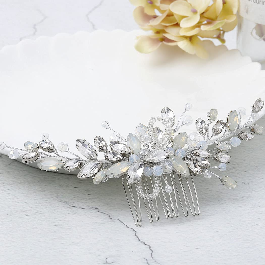 Yean Wedding Hair Comb Silver Rhinestones Opal Crystal Vintage Bridal Hair Clips Accessories for Brides and Bridesmaids