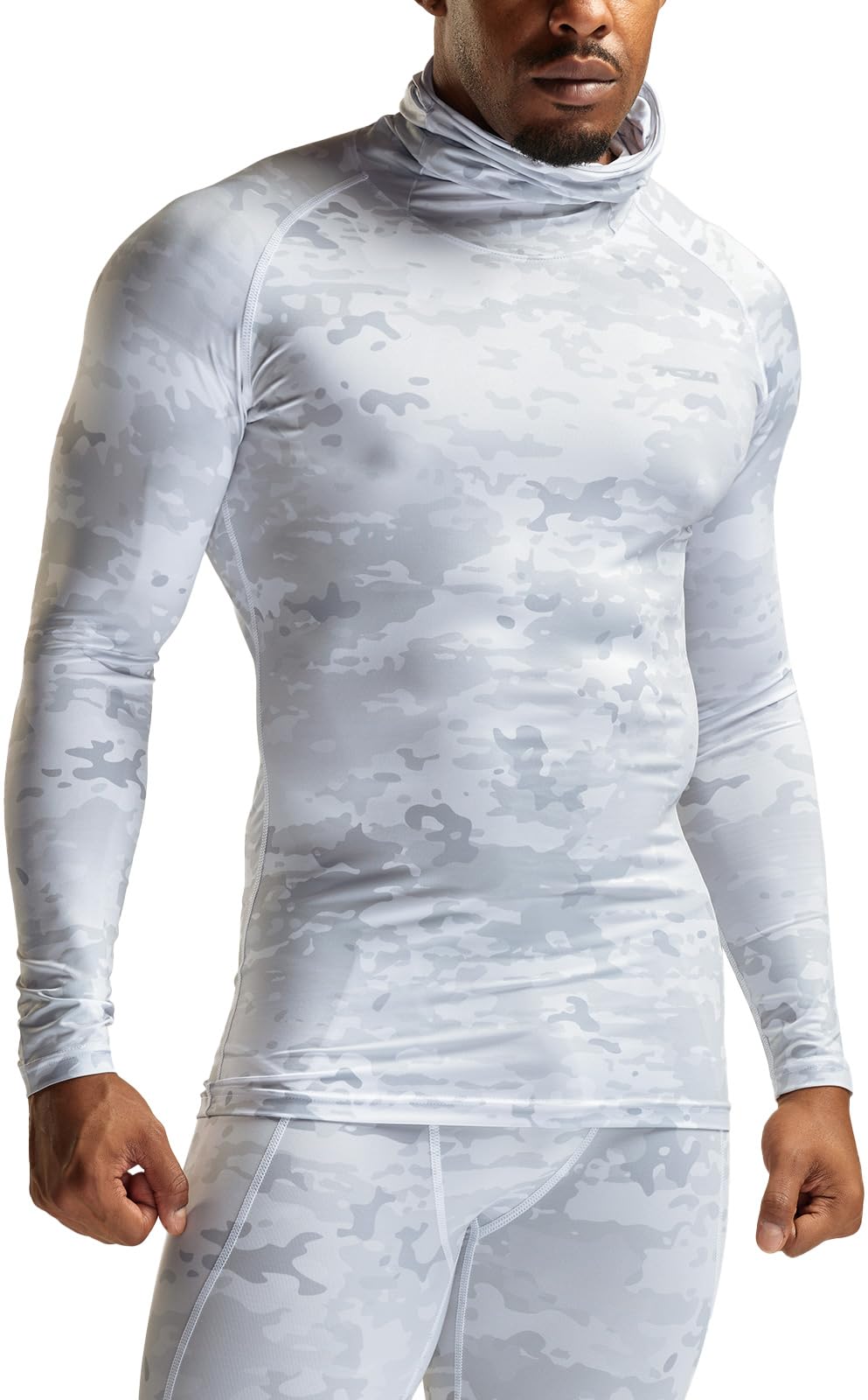 TSLA Men's Long Sleeve Workout Shirts Hoodie with Mask, UPF 50+ Cool Dry Fit Sports Compression Shirts, Hyper Control Print Winter Utility Camo, XX-Large