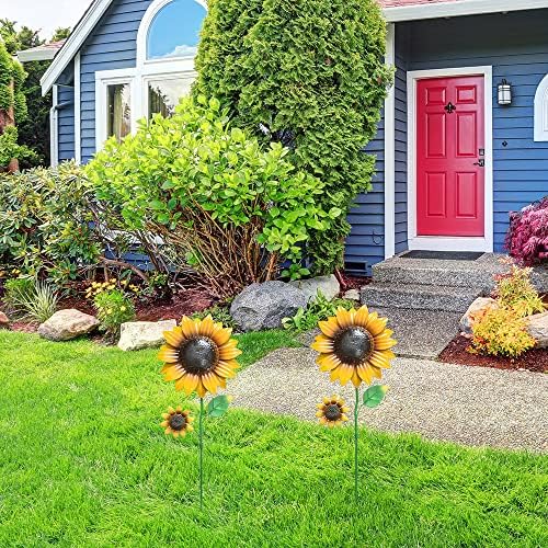 YEAHOME Garden Decor for Outside, 2 Pack 22.4“ Sunflower Garden Stakes Spring Decor, Metal Flowers with Shaking Head Yard Art for Outdoor Yard Lawn Patio Decoration