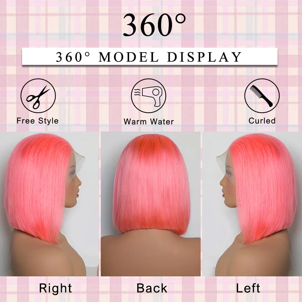 MUGOHK Pink Bob Wig Human Hair 14 Inch 13x4 Cotton Candy Pink Straight HD Lace Frontal Wig Human Hair Pre Plucked with Baby Hair Bubblegum Pink Lace Closure Human Hair Wig 150 Density for Women