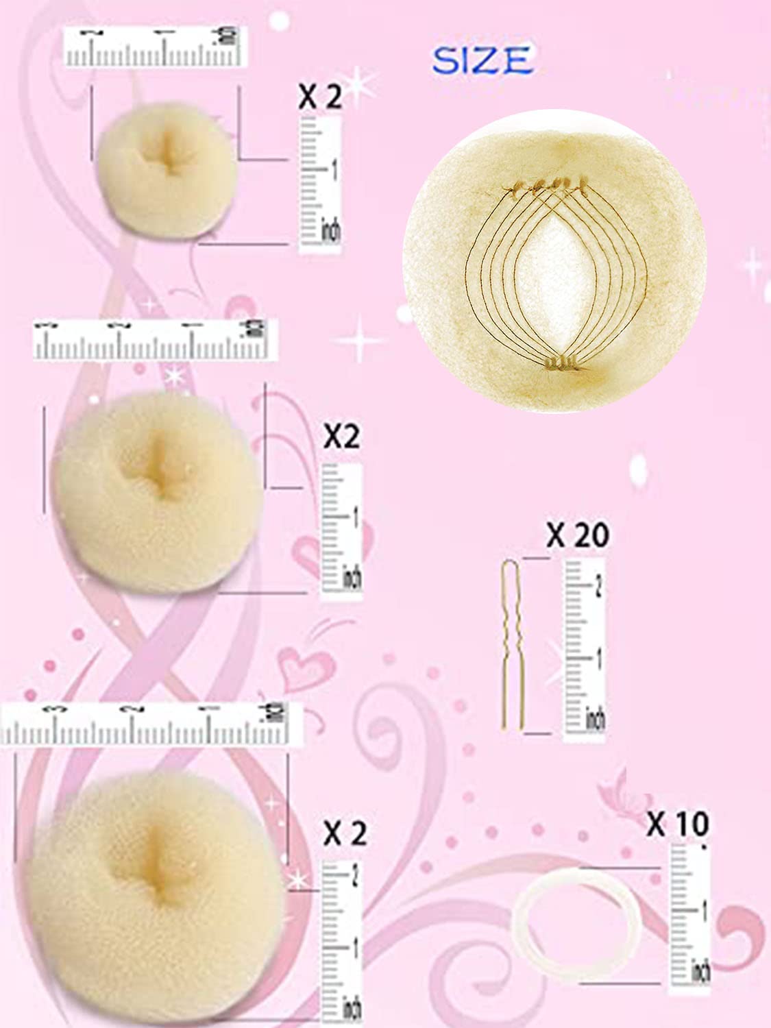 Stunner Cat Hair Bun Maker (37 Count, 3.5 inches Large, 3 inches Medium, 2 inches Small, Beige), Hair Doughnut Shaper for Girl