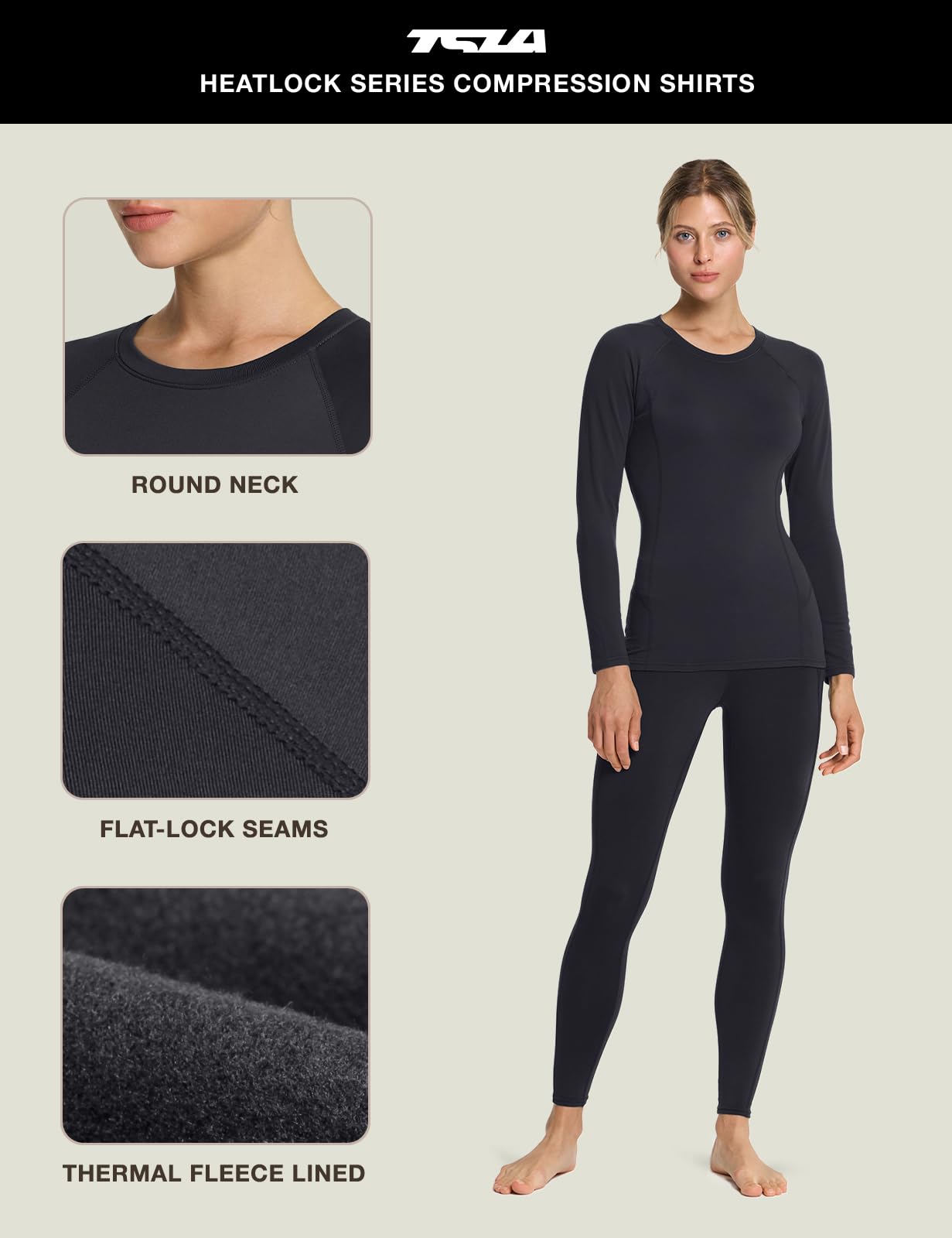 TSLA Women's Thermal Long Sleeve Tops, Mock Turtle & Crew Neck Shirts, Fleece Lined Compression Base Layer, Round Neck Winter 2pack Black/Teal, X-Small