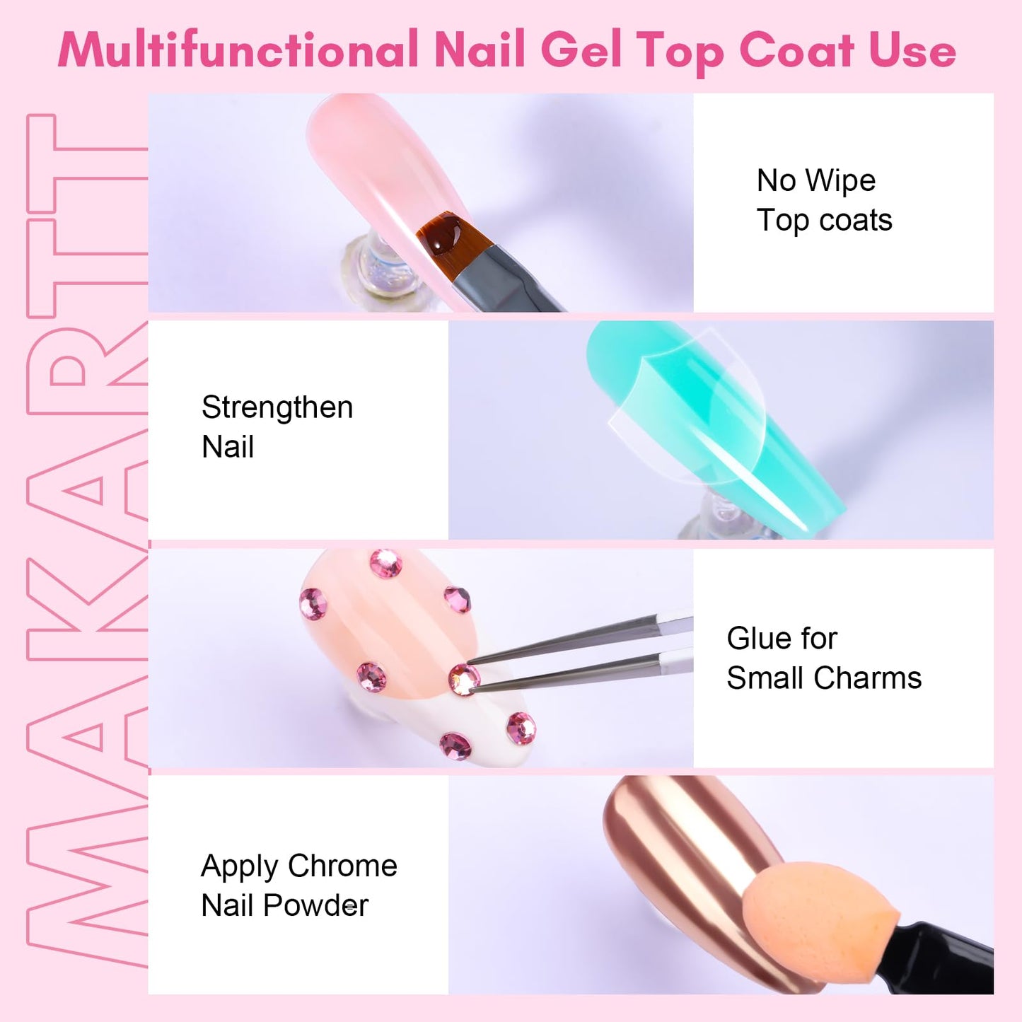 Makartt Hard Gel Top Coat: 3-in-1 Nail Polish Soak-off UV Gel Glossy Finish Long Lasting for Nail Strengthen Nail Charms Rhinestone for Home Salon Manicure Use