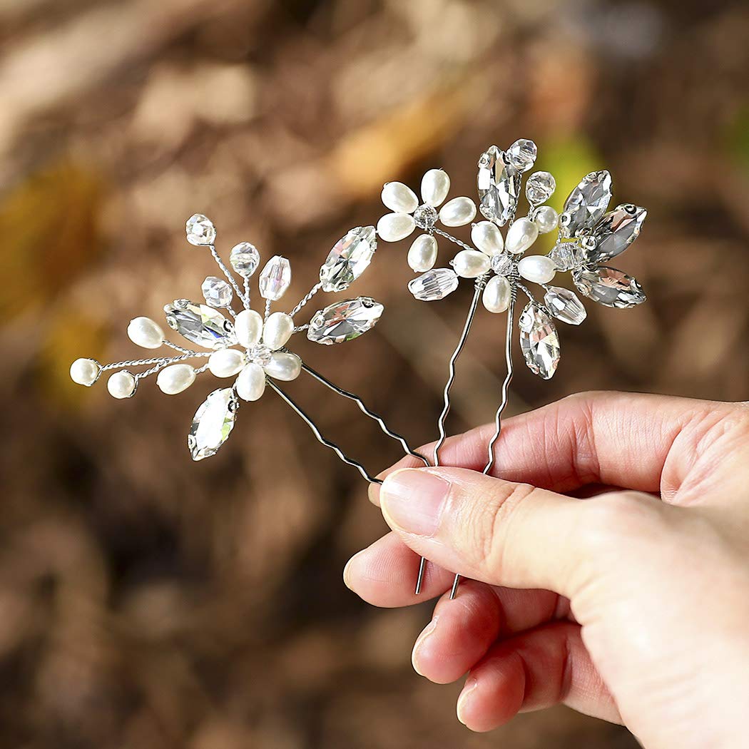 JAKAWIN Bride Wedding Pearl Hair Pins Flower Hair Piece Rhinestone Bridal Hair Accessories for Women HP065 (Silver)