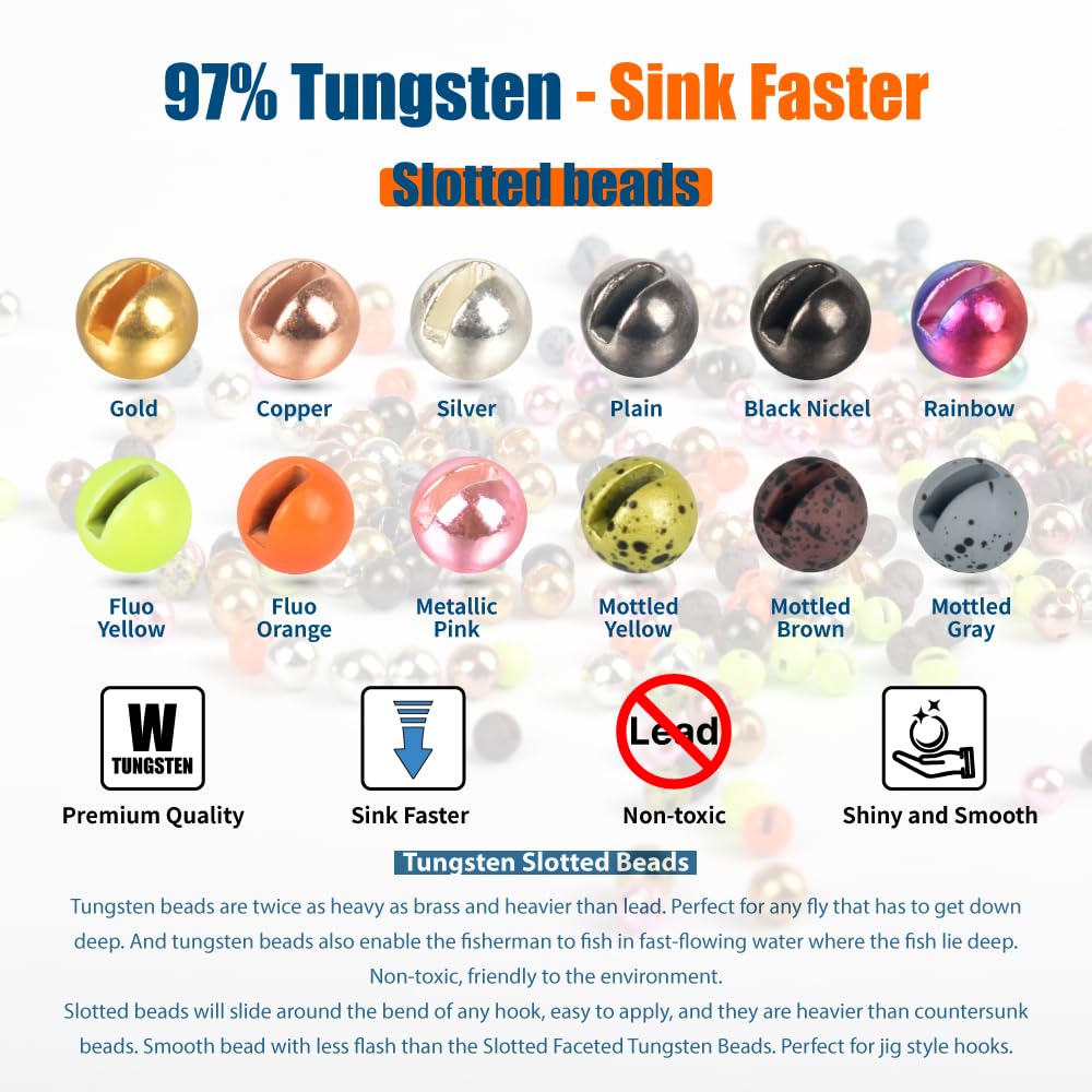 MUUNN 50pcs Tungsten Slotted Beads for Fly Tying,12 Colors/13 Sizes Tungsten Beads Heads Slotted Fly Tying Materials(Plain,1.5mm
