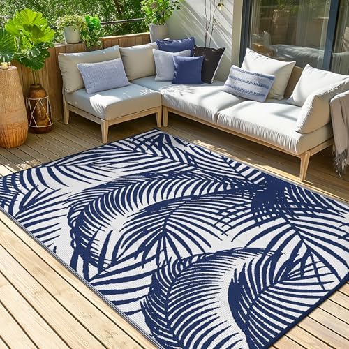 GENIMO Outdoor Rug 5' x 8' Waterproof for Patio Clearance, Reversible Plastic Straw Camping Carpet, Lightweight Mats for Rv, Backyard, Deck, Porch, Picnic, Beach, Balcony, Blue & White
