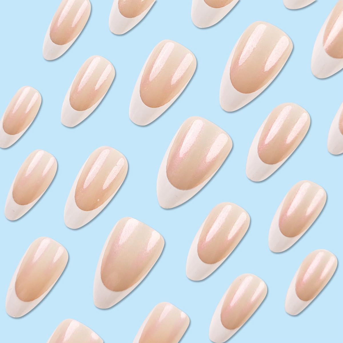 French Tip Press on Nails Mediun Almond Fake Nails Press ons Chrome False Nails with Designs Glossy Full Cover Acrylic Glue on Nails Cute Artificial Stick on Nails for Women Manicure Decoration 24Pcs