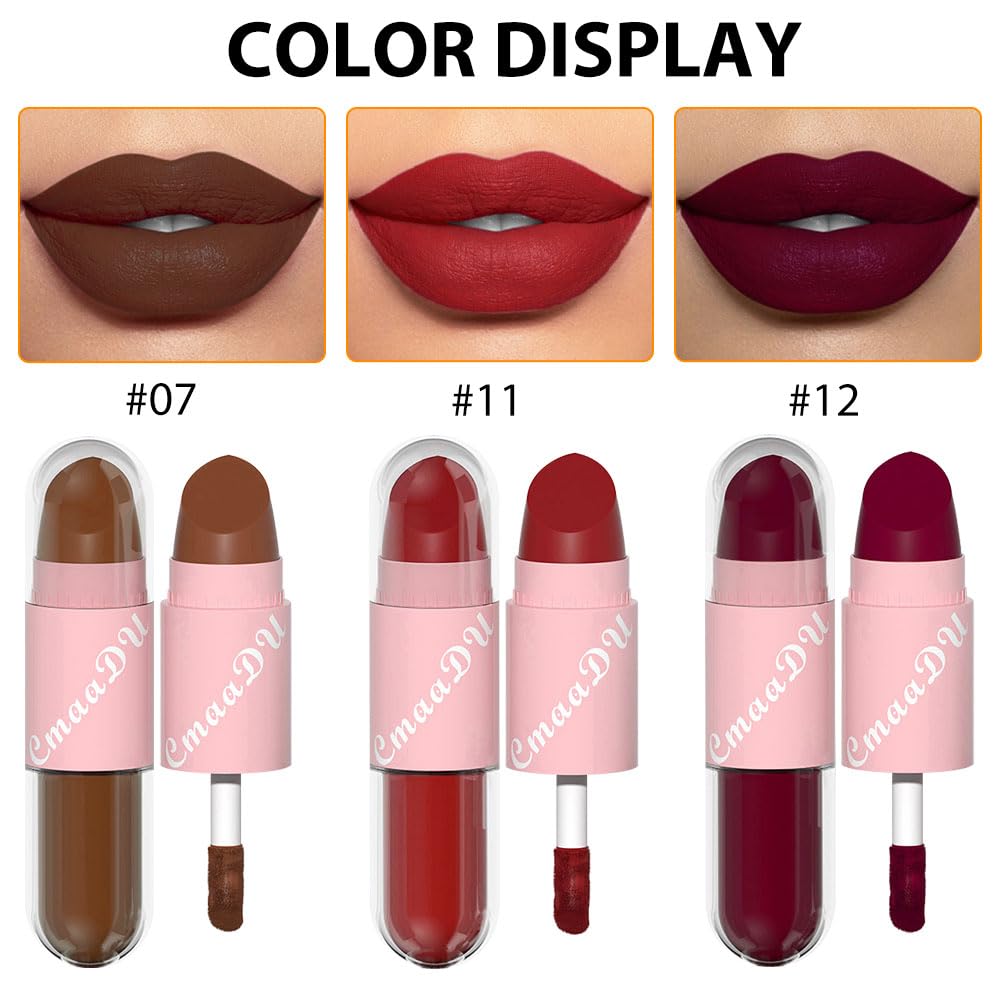 evpct 2 In 1 Matte Lipstick & Long Lasting Smudge Proof Liquid Lipstick Lip Gloss Stain 3Pcs Set for Women Dark Ruby Red Nude Beige Pink Mauve Matte Vegan Long Wear Waterproof 24 Hour Lipstick Set04