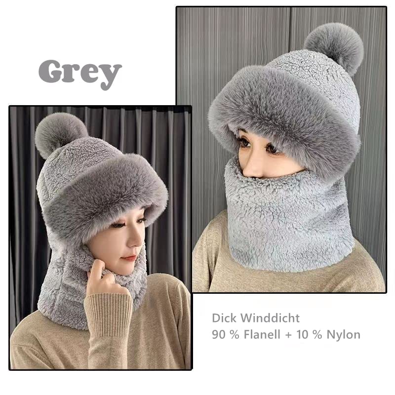 SUKIYAKI Womens Winter Fleece Warm Hat with Faux Fur Pom Cycling Windproof Scarf Hat Ski Cap, Scarf Hat Mask Integrated Hat (Gray)