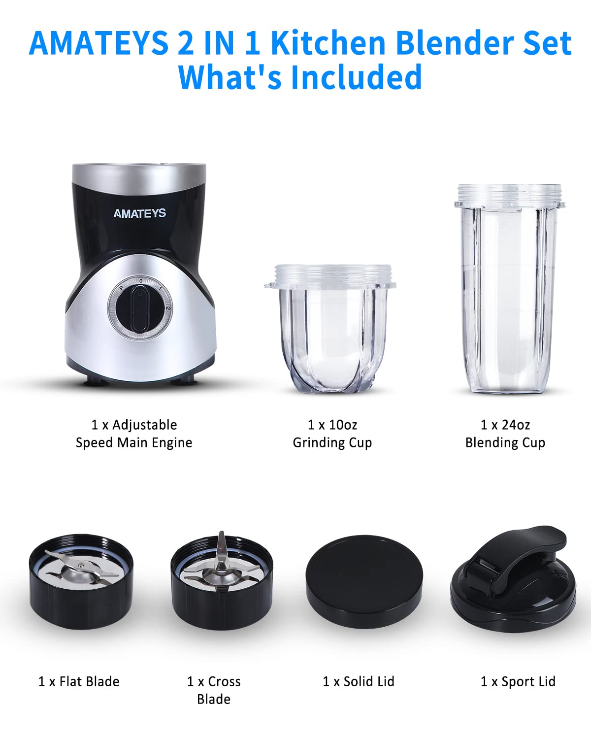 Amateys Personal Blender for Shakes and Smoothies,Professional Kitchenblender with Blending & Grinding Blades, Portable Coffee Grinder with 24/10 OZ Travel Bottles, Adjustable Speeds Juice Blender