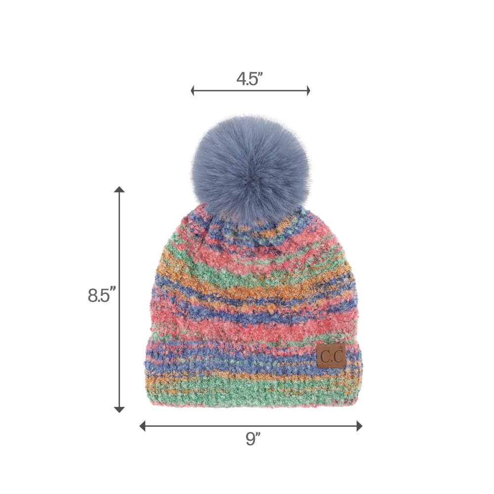C.C Multi Color Space Dye Pom Beanie/Lining (Poly) / Pom Faux Fur for Women Unisex - Wool Stretchable Soft Warm with Faux Fur Pom Knit Winter Skully Hat (Red Combo)