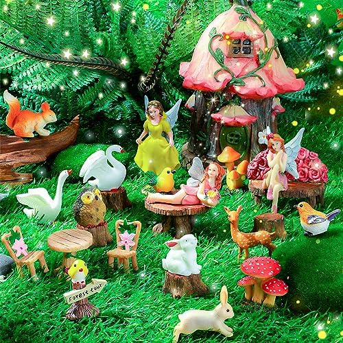 Soaoo Fairy House Garden Figurines Kit Spring Garden Decor Easter Basket Decoration Spring Decoration Outdoor Wildflower Butterfly Fairy Mushroom Party Supplies Micro Landscape Ornaments