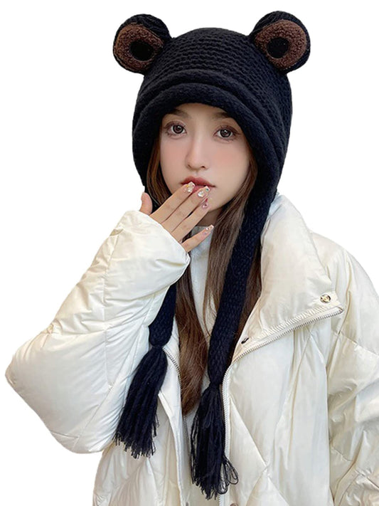 Frog Hats Adult Cute Beanie Crochet Knitted Hat Big Eye Frog Winter Ear Warmer Protective Beanie Hats Caps Outdoors Autumn Black