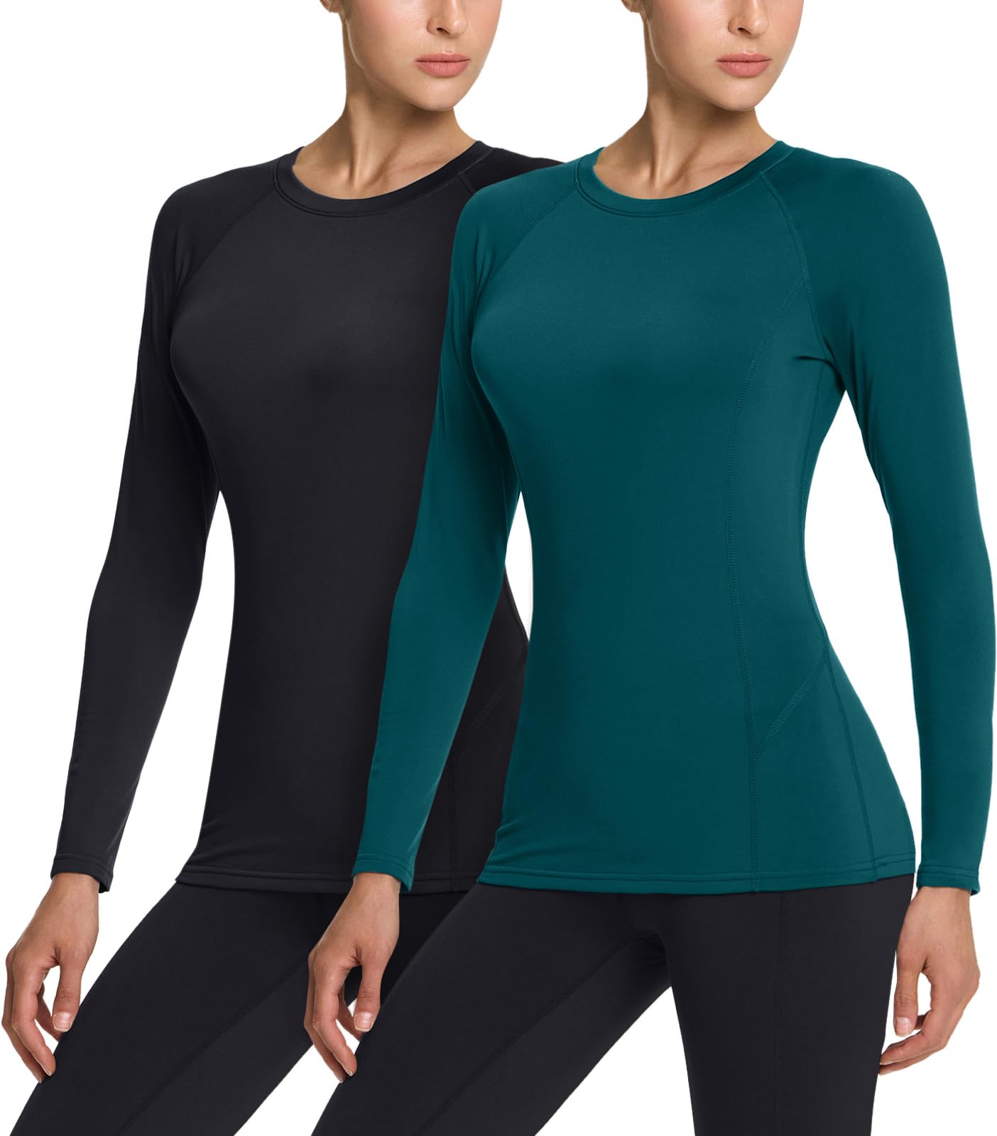 TSLA Women's Thermal Long Sleeve Tops, Mock Turtle & Crew Neck Shirts, Fleece Lined Compression Base Layer, Round Neck Winter 2pack Black/Teal, X-Small