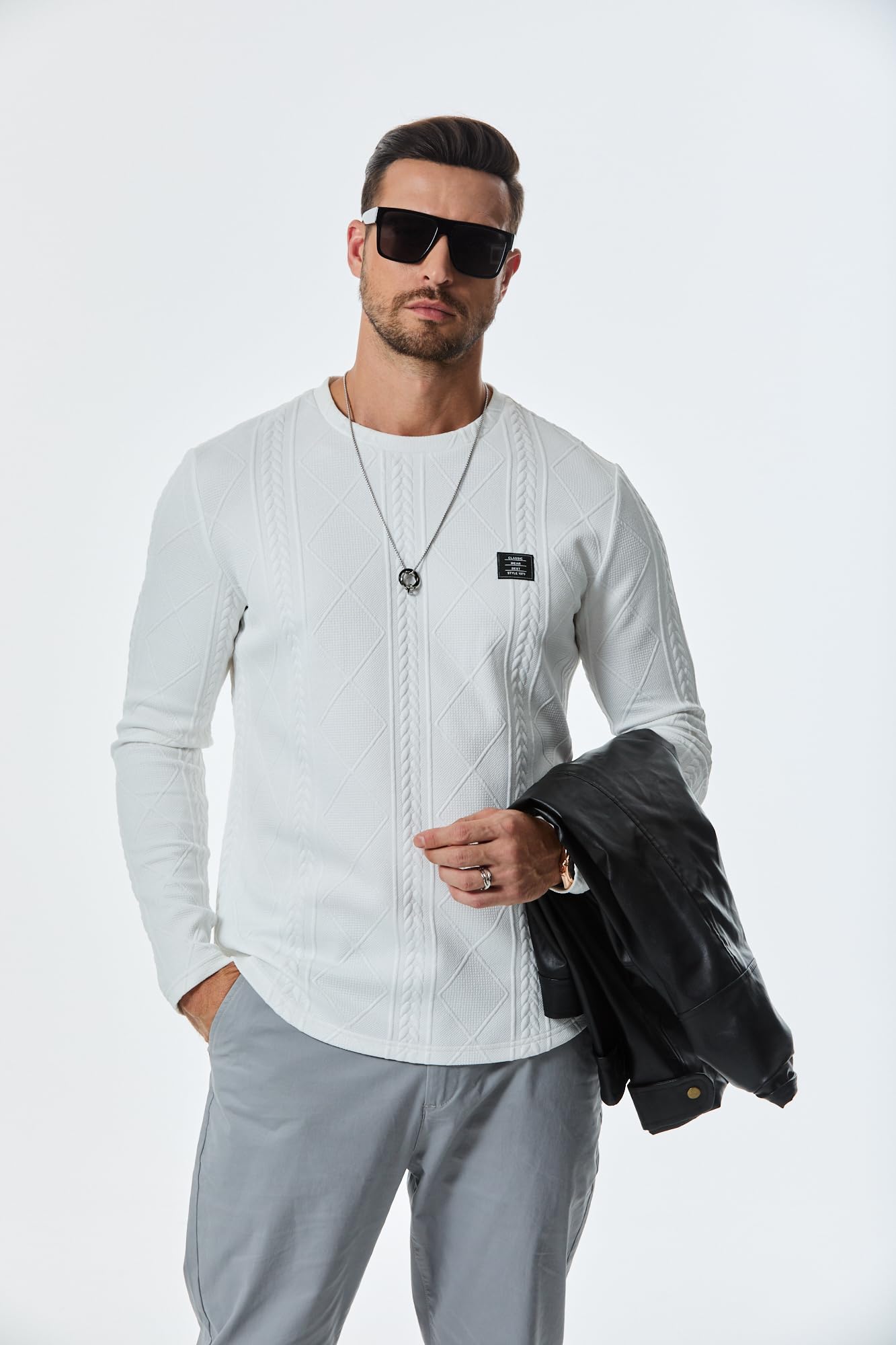 JMIERR Mens Crewneck Sweater Casual Cable Knit Pullover Sweatshirts Solid Winter Knitted Tee for Men, US43(L), White